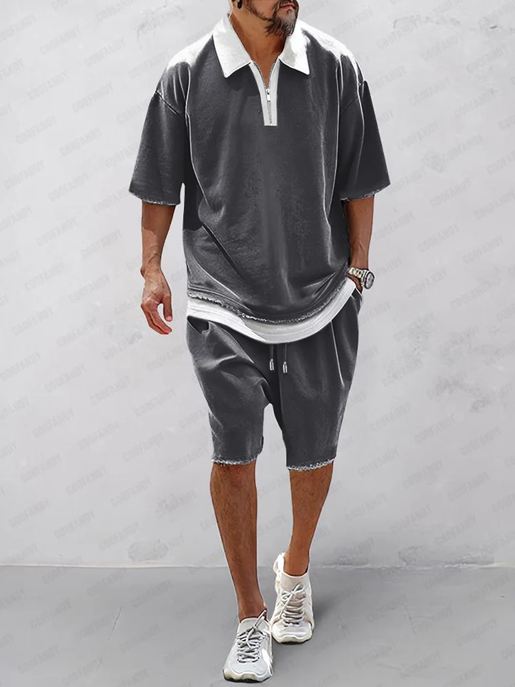 Athleisure Contrast Fake 2-Piece Shirt Set