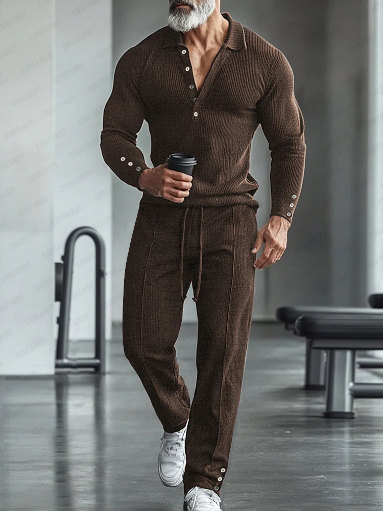 Athleisure Stretch Knit Polo Shirt Pants Set - Image 2