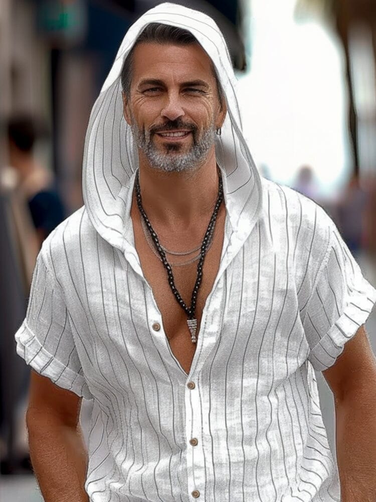 Casual 100% Cotton Striped Hooded Shirt - Image 2