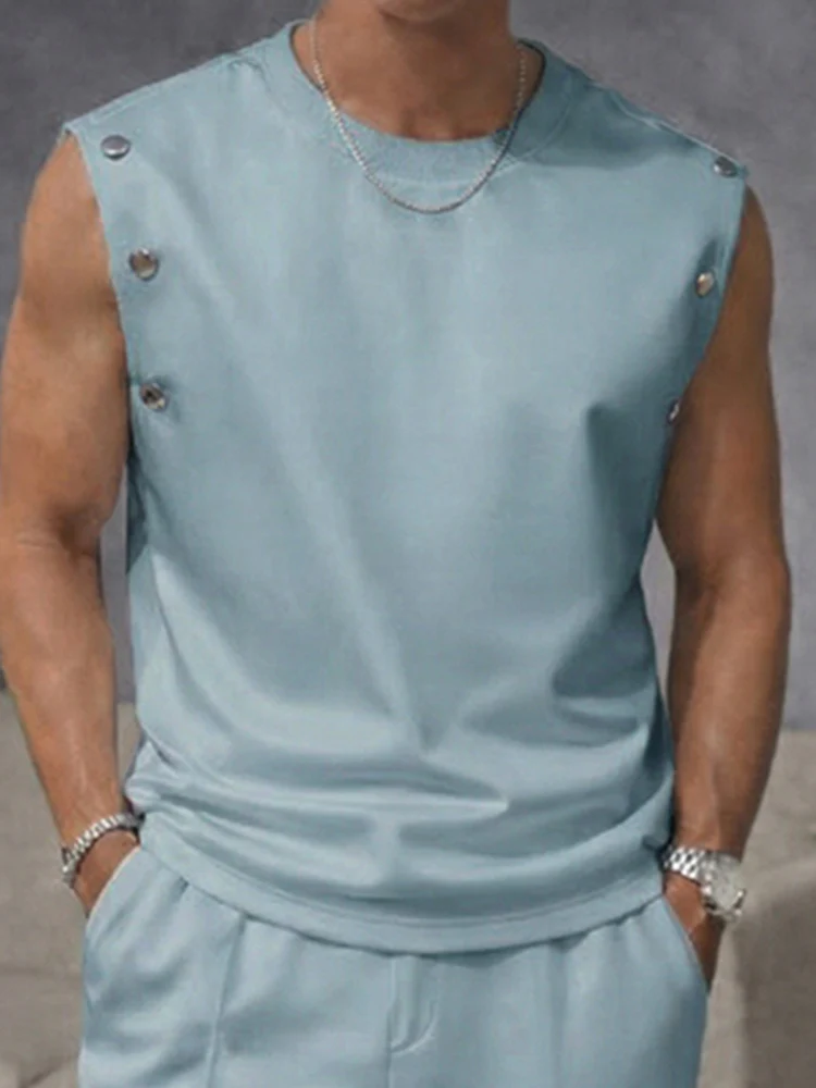 Casual Button Accent Tank Top Pants Set - Image 3