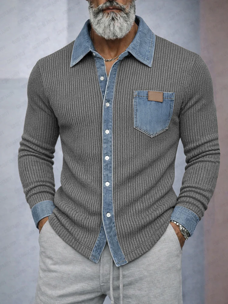 Casual Comfort Contrast Denim Panel Knit Shirt - Image 2