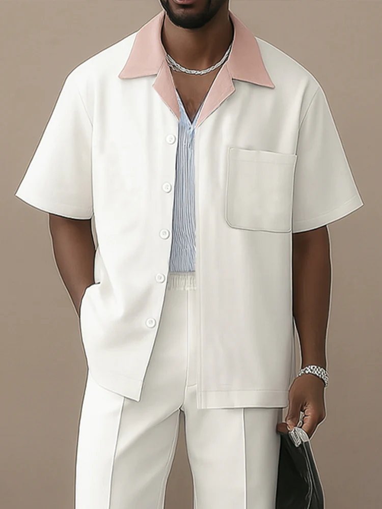 Casual Contrast Collar Shirt Pants Set - Image 3