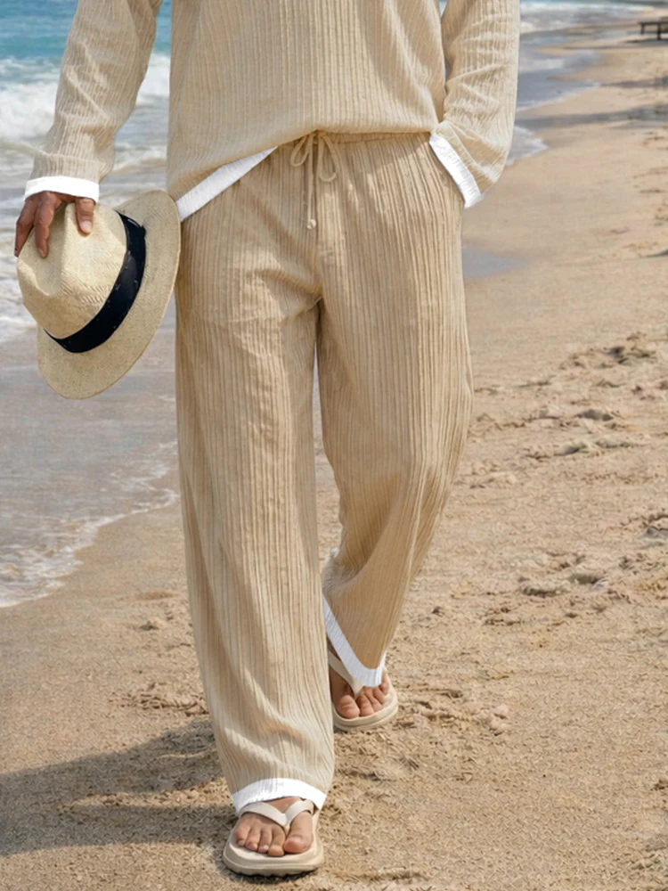 Casual Contrast Color Textured Matching Set - Image 4