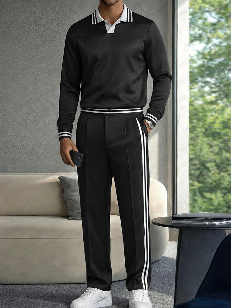 Casual Contrast Striped Polo Shirt Pants Set - Image 2