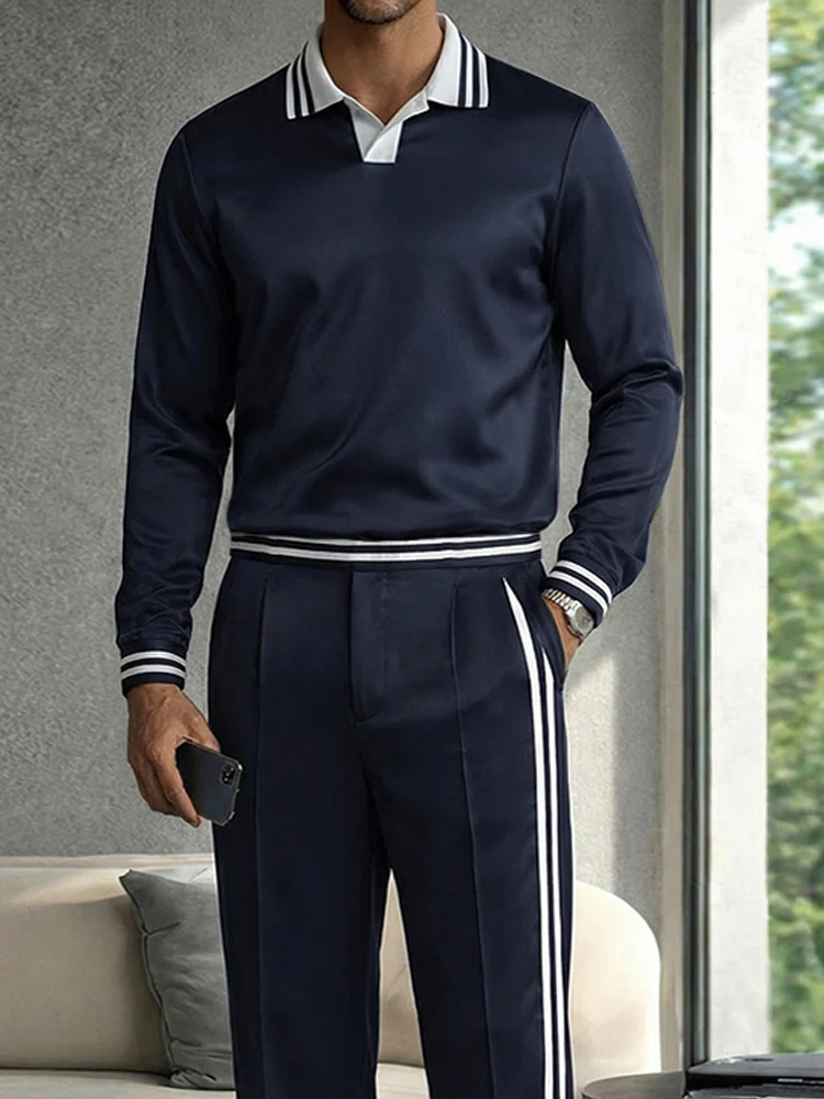 Casual Contrast Striped Polo Shirt Pants Set - Image 3