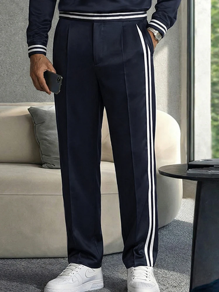 Casual Contrast Striped Polo Shirt Pants Set - Image 4