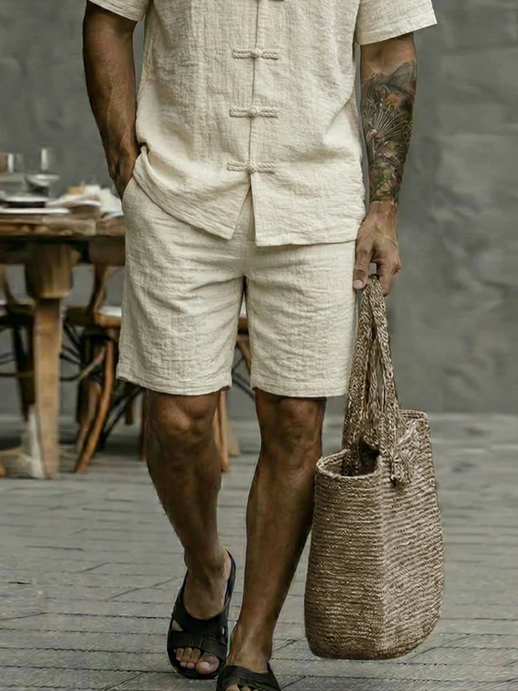 Casual Cotton Frog Button Shirt Shorts Set - Image 4