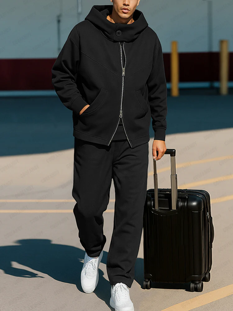 Casual Hooded Two-Way Zip Jacket Set - Image 2