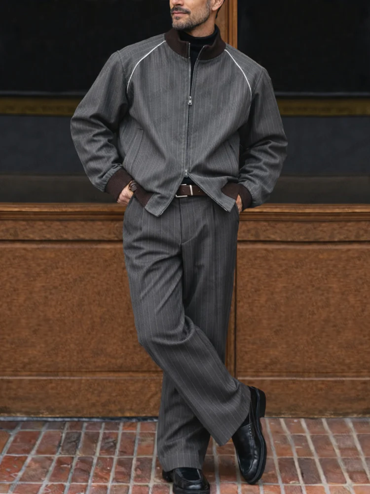 Casual Pinstripe Blouson Jacket Pants Set - Image 2