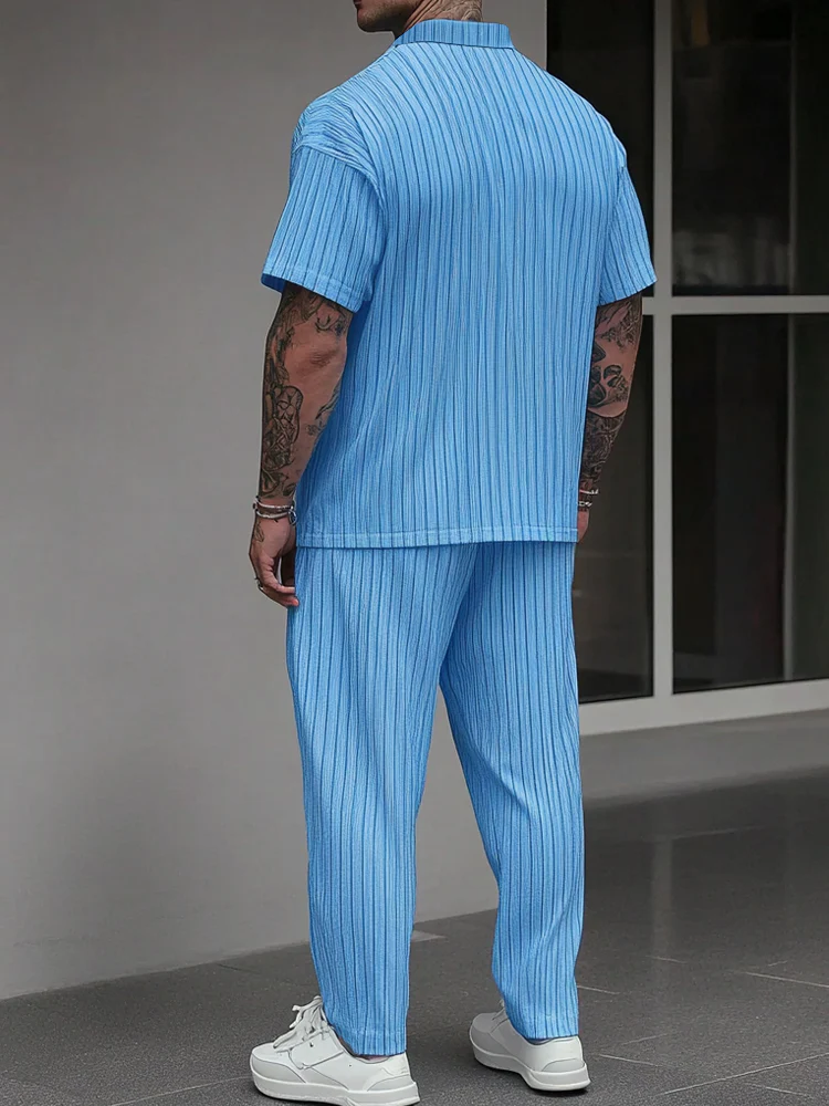 Casual Pit-stripe Textured Shirt Set - Image 3