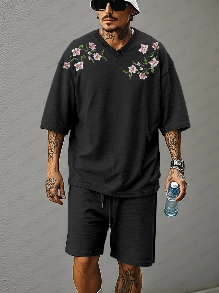 Casual Relaxed Embroidered T-Shirt Set - Image 2