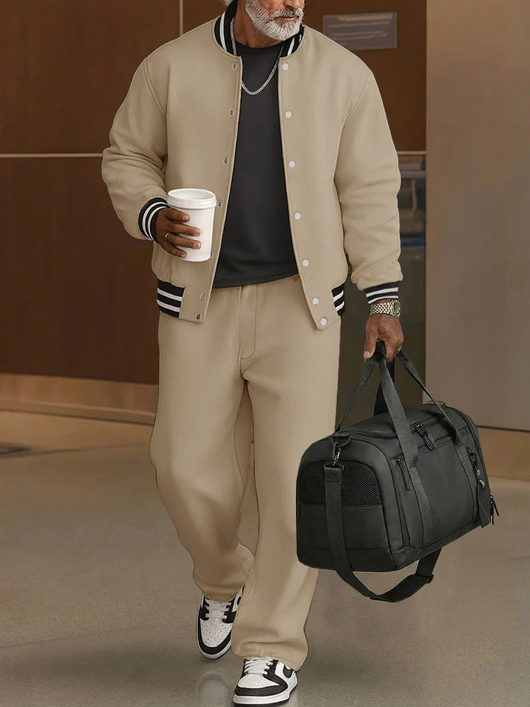Casual Ribbed Trim Jacket Pants Set - Image 6