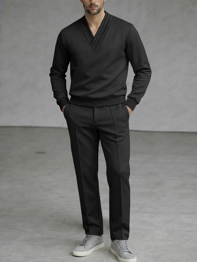 Casual Simple Pleated Collar Top and Pants Set - Image 2