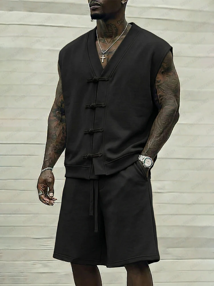 Casual Sleeveless Frog Button 2-Piece Set - Image 2