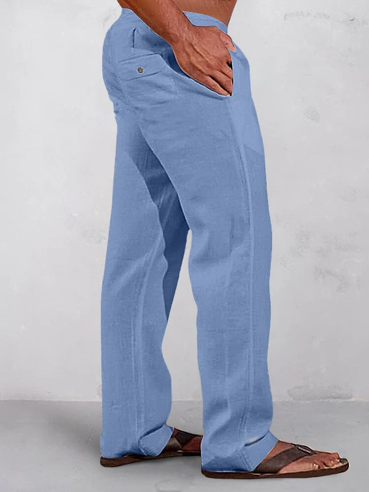 Casual Solid Elastic Waist Cotton Linen Straight Pants - Image 5