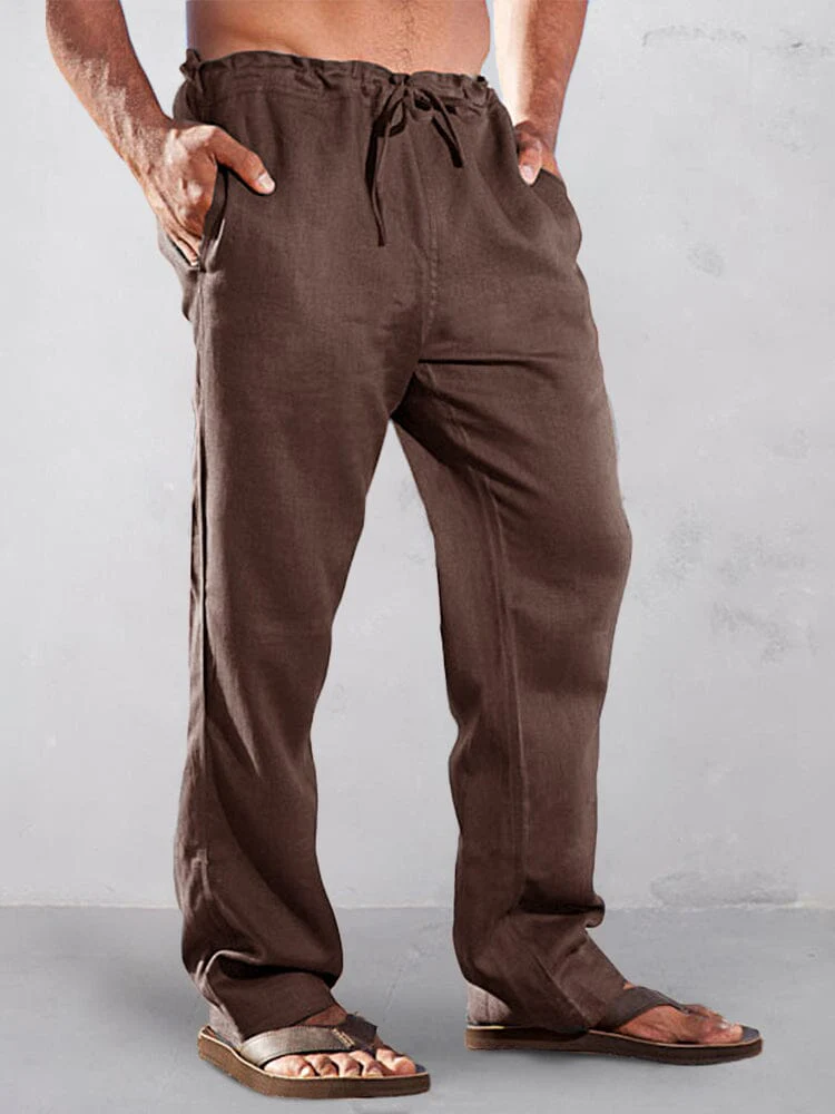 Casual Solid High Waist Cotton Linen Straight Pants - Image 2