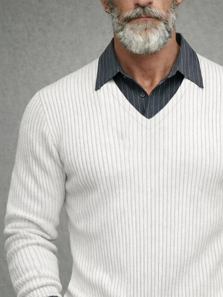 Casual Striped Patchwork Fake Two-Piece Knit Shirt - Image 4