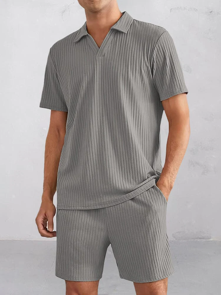 Casual Striped Textured Polo Shirt Set - Image 2