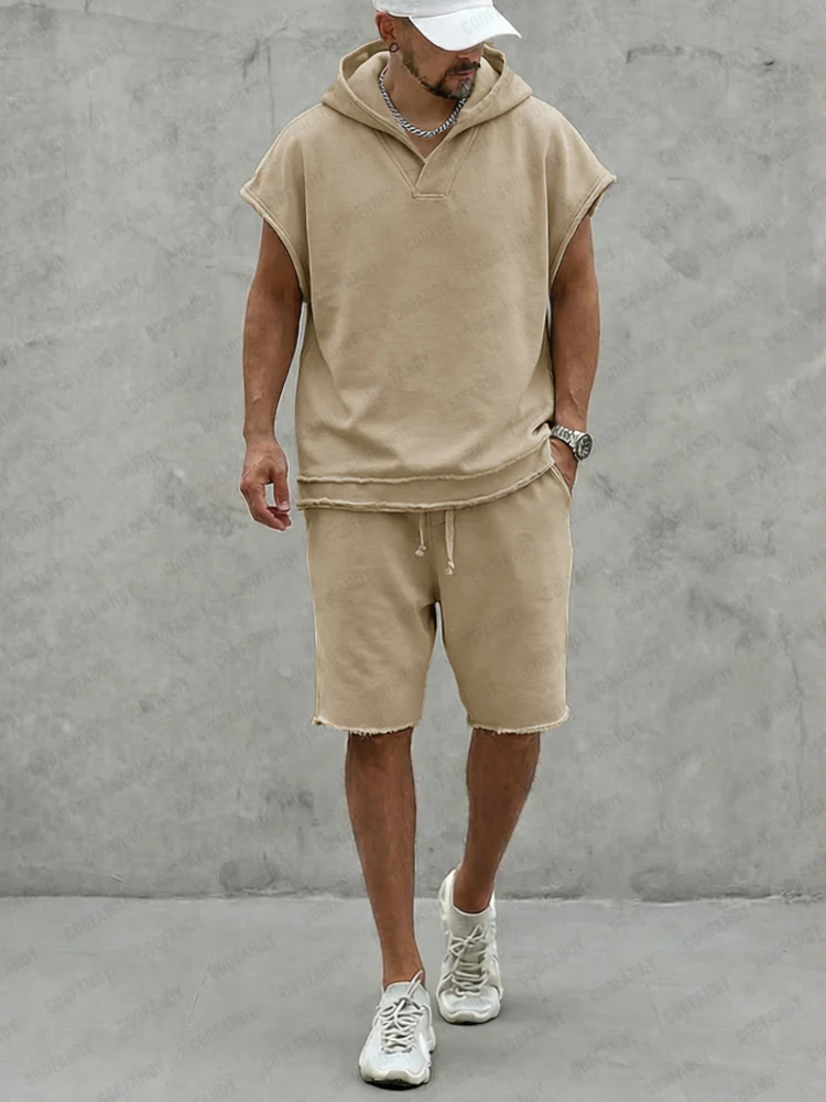 Casual Summer Raw Edge Hoodie Shorts Set - Image 2
