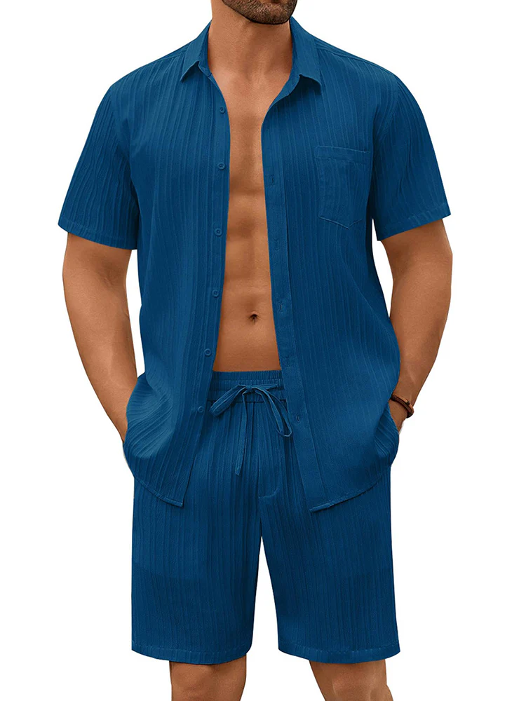 Casual Textured Shirt Shorts Vacation Set (US Only) - Image 3