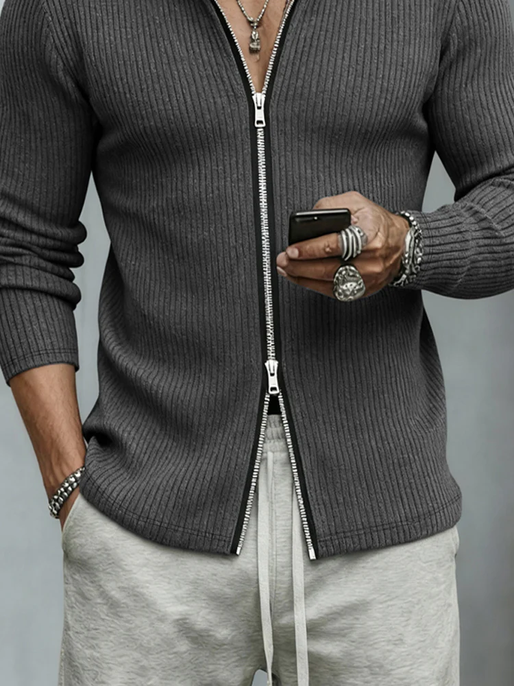Casual Two-Way Zip Stand Collar Cardigan - Image 5