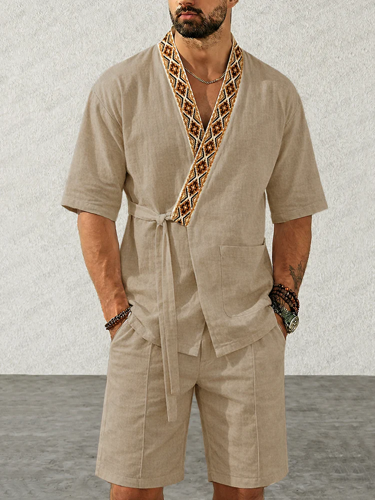 Casual Washed Cotton Kimono Shirt Shorts Set - Image 2