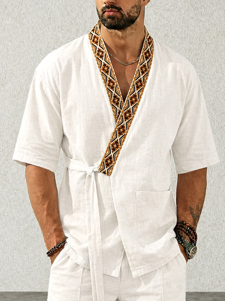 Casual Washed Cotton Kimono Shirt Shorts Set - Image 3