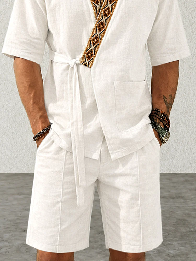 Casual Washed Cotton Kimono Shirt Shorts Set - Image 4