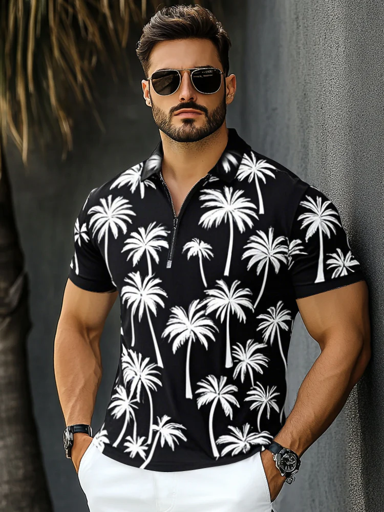 Classic Fit Coconut Tree Print Polo Shirt - Image 2