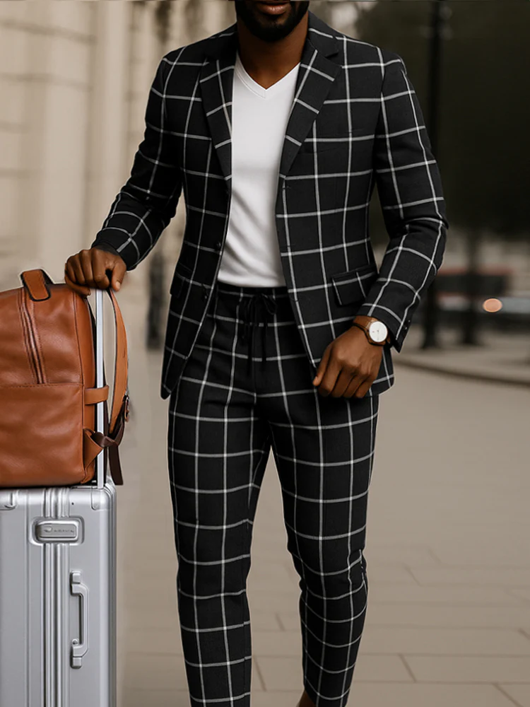 Classic Plaid Print Blazer Pants Set - Image 3