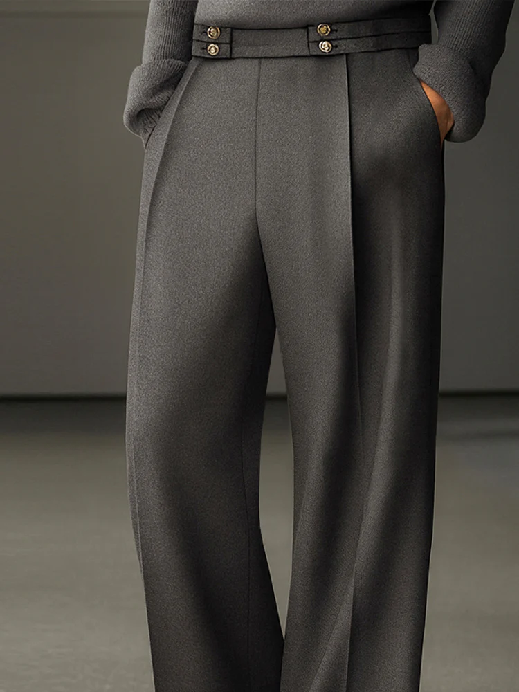 Comfort Fit Button Accent Straight Pants - Image 3
