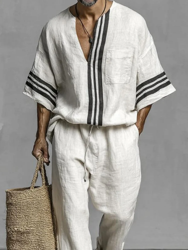 Comfy Loose Fit Stripe Cotton Shirt Pants Set - Image 3