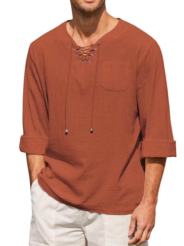 Breathable Solid Drawstring Cotton Linen Shirt (US Only) - Image 3