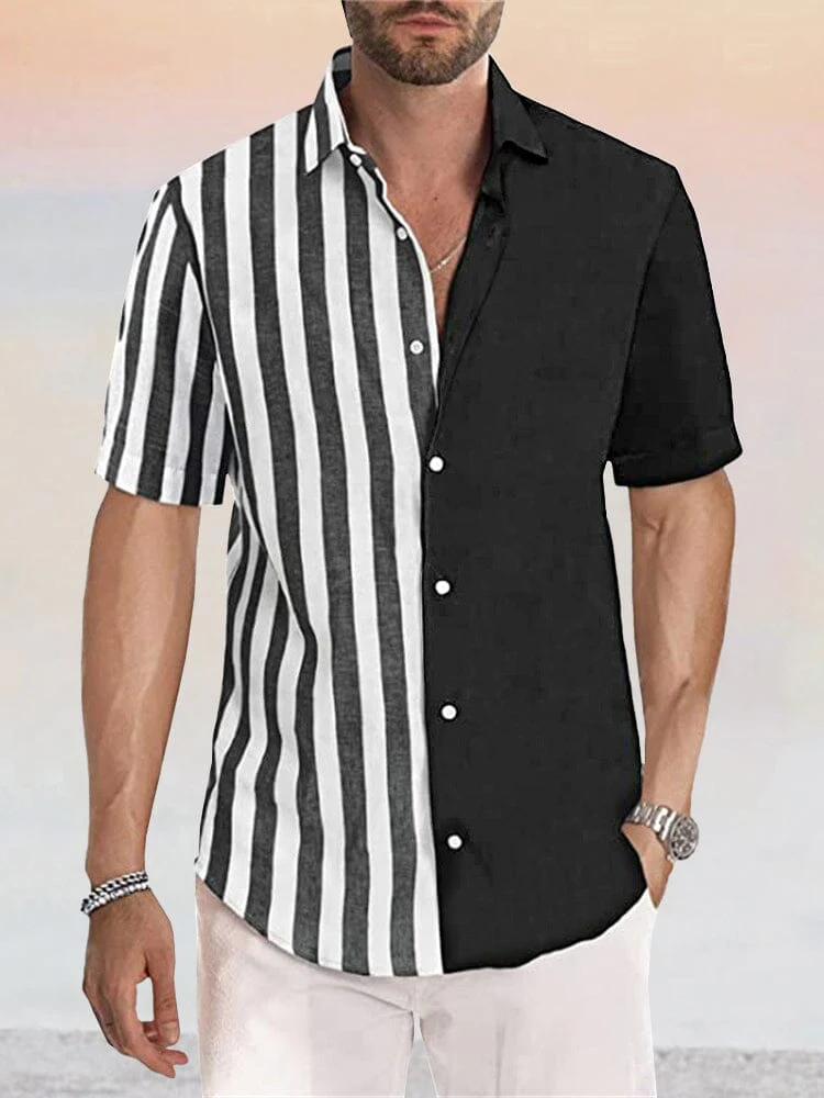 Casual Linen Style Stripe Splicing Shirt - Image 6