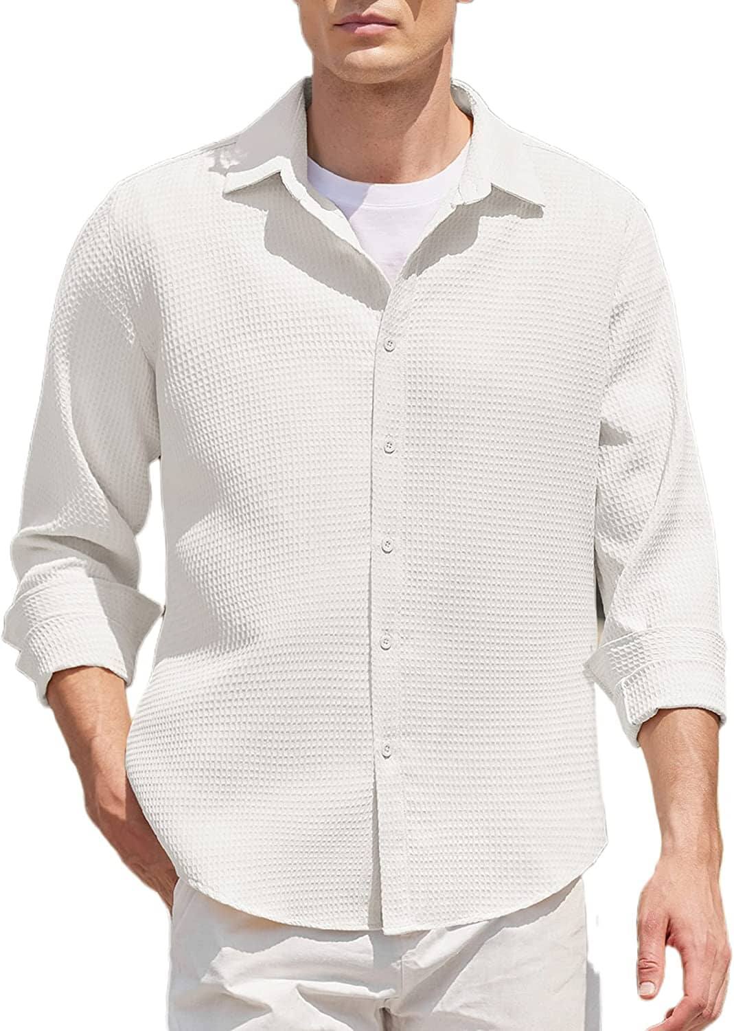 Casual Waffle Button Down Wrinkle Free Shirt (US Only) - Image 5