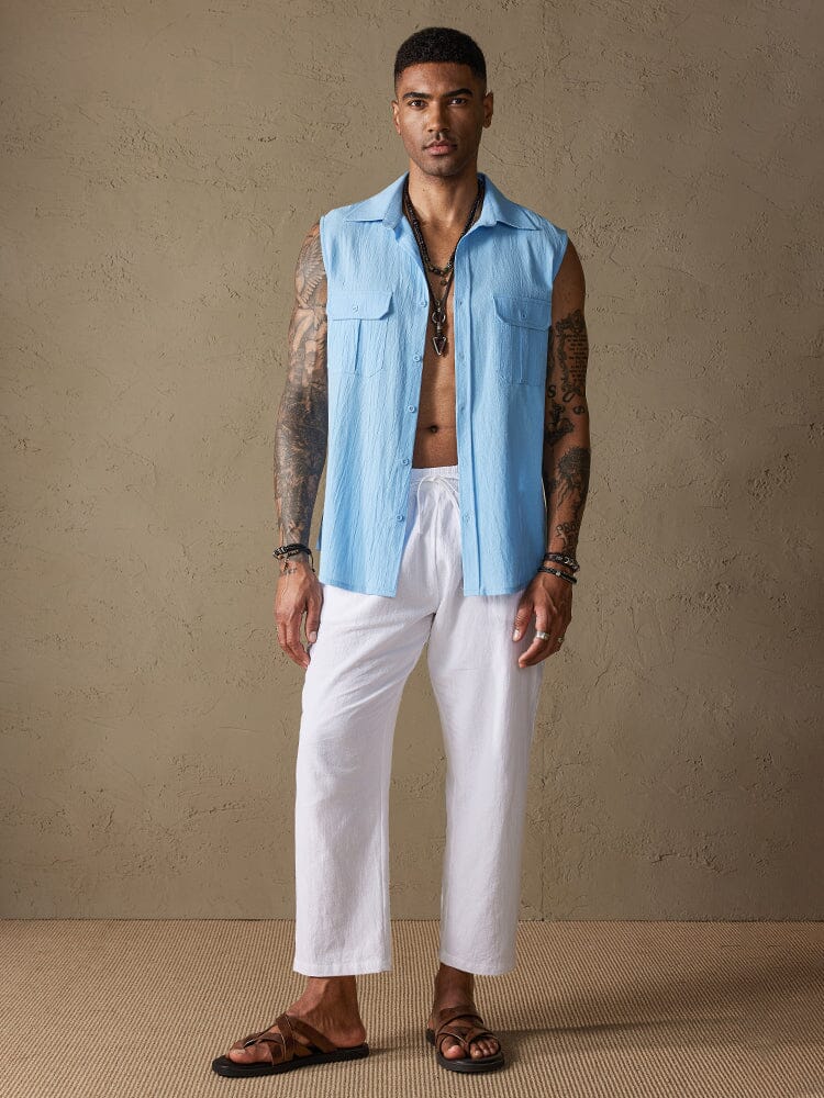 Cotton Linen Sleeveless Button Shirt with Pockets - Image 10