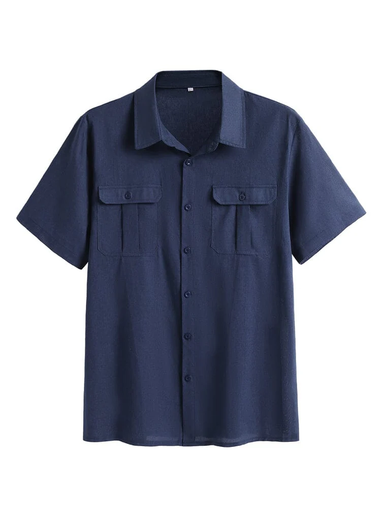 Cotton Linen Solid Color Double Pockets Shirt - Image 13