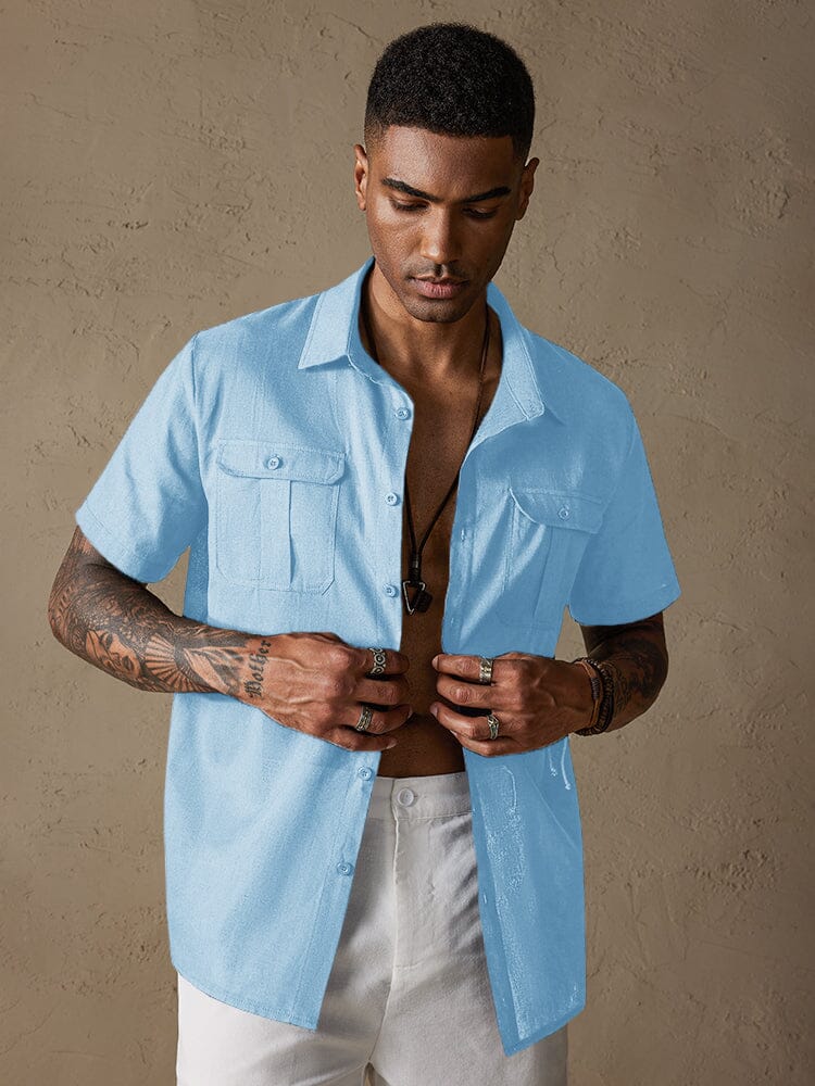 Cotton Linen Solid Color Double Pockets Shirt - Image 4
