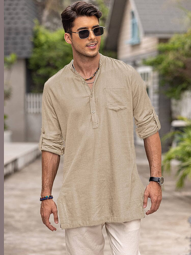 Linen Henley Long Sleeve Shirts with Pocket (US Only) - Image 9