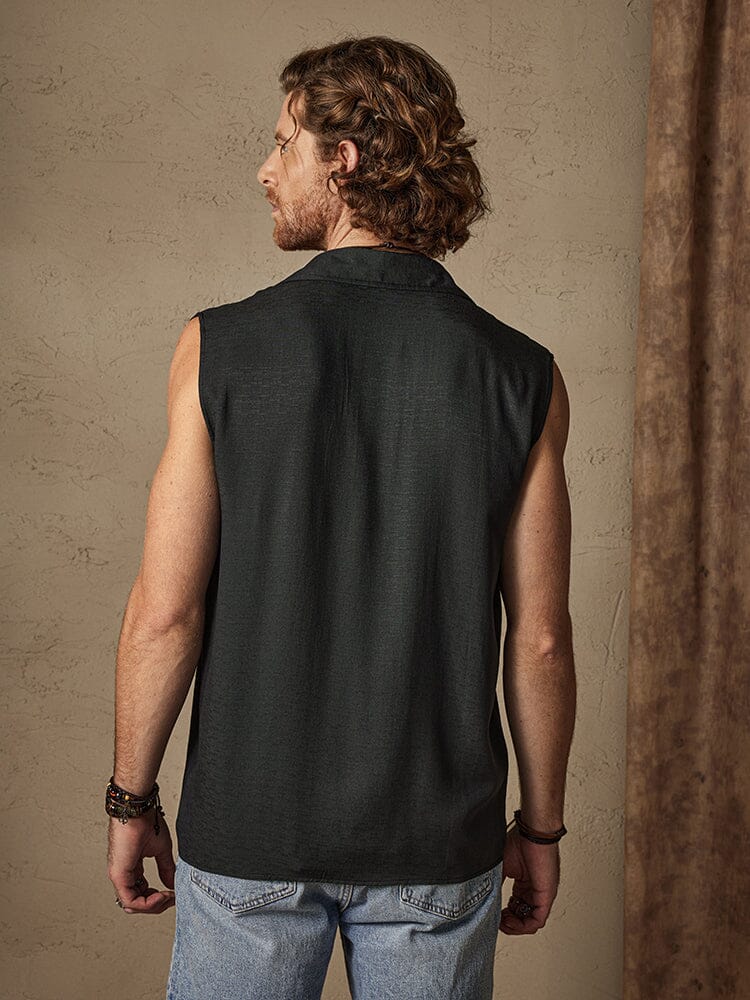 Solid Button Sleeveless Cotton Linen Casual Shirt - Image 7
