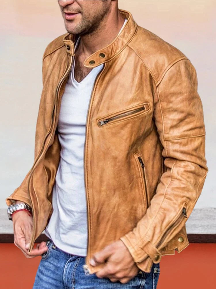Solid Color Zipper PU Leather Jacket - Image 2