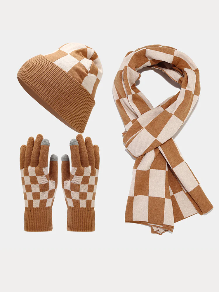 Cozy Checked Beanie Hat Scarf Gloves 3-in-1 Set - Image 2