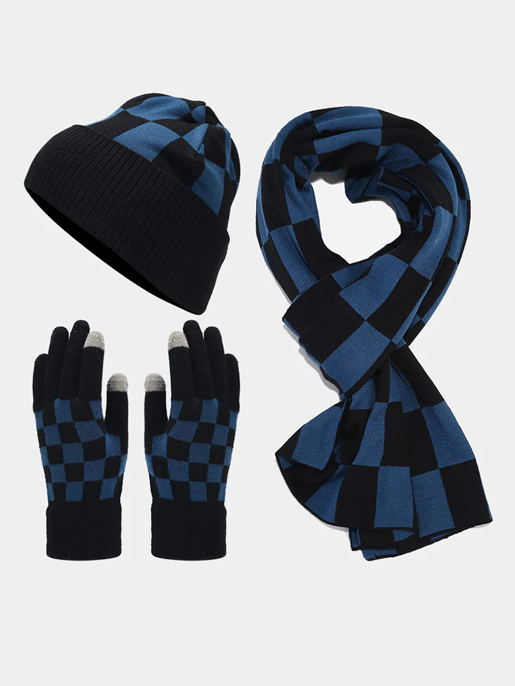 Cozy Checked Beanie Hat Scarf Gloves 3-in-1 Set - Image 3