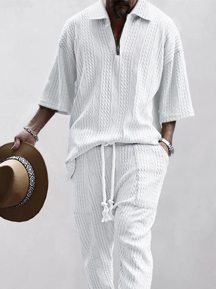 Elegant Cable Jacquard Polo Shirt Set - Image 3