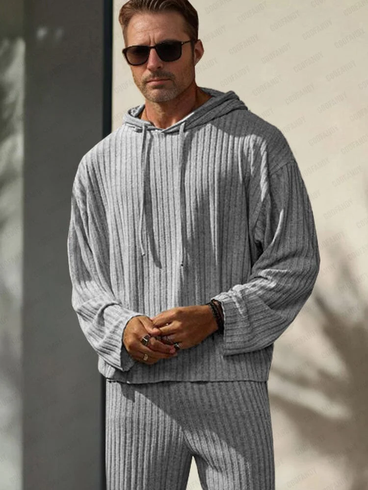 Leisure Pit-stripe Knit Hoodie Set - Image 3