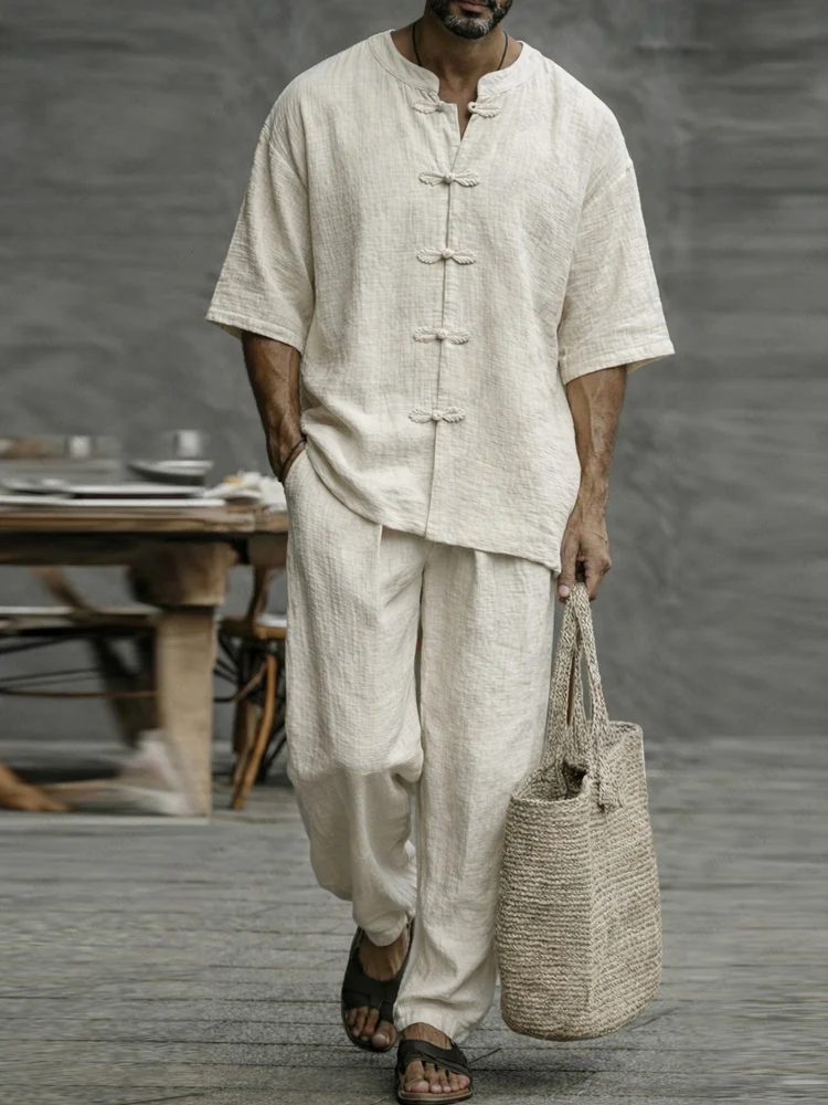 Minimalist Cotton Frog Button Short Sleeve Shirt Set - Image 2