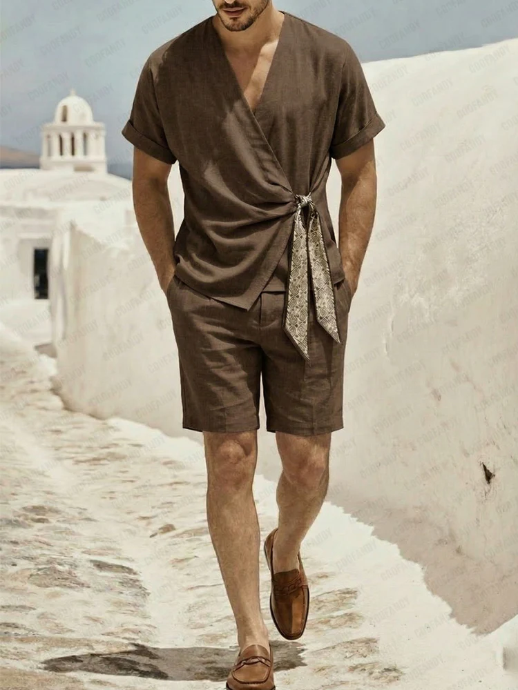 Minimalist Short Sleeves Shirt Shorts Set with Scarf Tie Closure - Image 2
