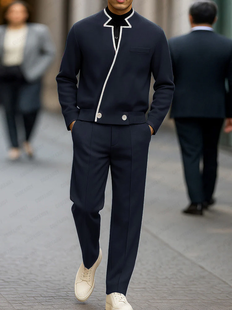 Modern Contrast Asymmetric Placket Jacket Set - Image 2