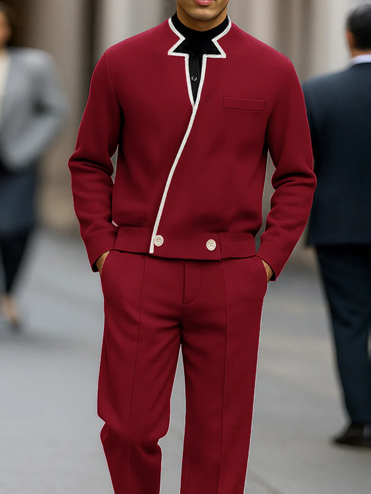 Modern Contrast Asymmetric Placket Jacket Set - Image 3