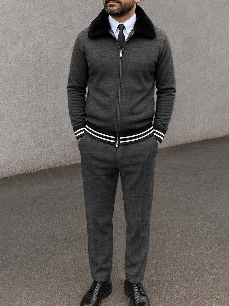 Modern Fur Collar Jacket Pants Set - Image 2